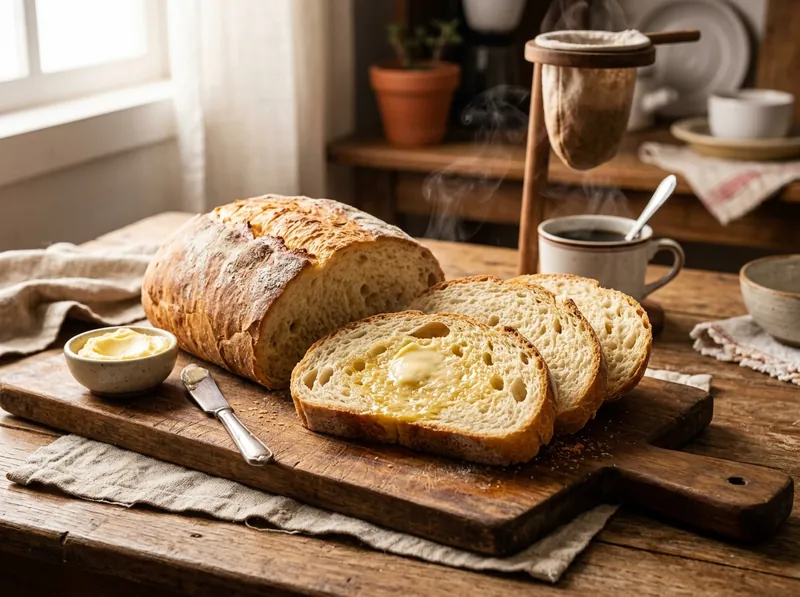 Pão Caseiro Tradicional da Vovó fatiado com manteiga derretida